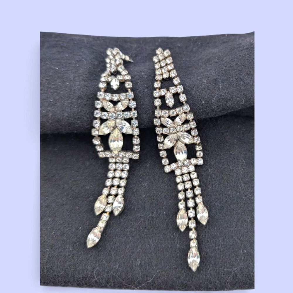 Clear Rhinestone Chandelier Dangle Earrings Marquise Silver Tone 3.5"